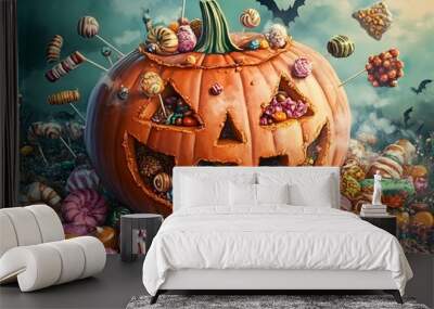 Whimsical Pumpkin Bursting with Festive Sweets in Delightful Halloween Scene Wall mural