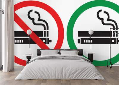 No smoking no vaping and smoking area sign set. Forbidden sign icon isolated on white background vector illustration. Cigarette, vape in prohibition circle and green allowed area. Wall mural