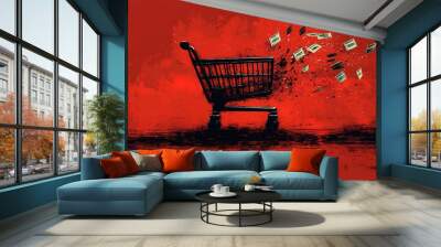 A bold vector graphic of a digital shopping cart with price tags flying out, representing Black Friday online deals  Wall mural