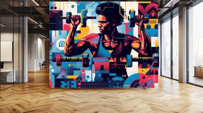 A vibrant illustration of a man in a gym setting, performing a complex workout with various equipment, surrounded by motivational quotes in stylized fonts  Wall mural