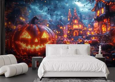 A whimsical Halloween night with cartoonish ghosts and pumpkins floating around a brightly lit, cozy village  Wall mural