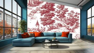 Classic Toile de Jouy Seamless Pattern in Red Wall mural