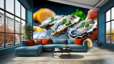 Fresh oysters on ice, lemon wedges, no shadows, no text on picture, no logo, no signature, no human body, no people, no plants,  Wall mural