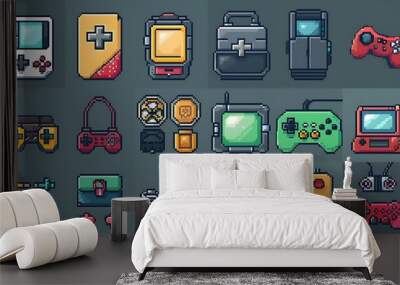 Pixel art icon set, retro gaming style,  Wall mural