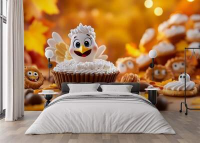 Whimsical Thanksgiving Dessert with Cute Characters Wall mural