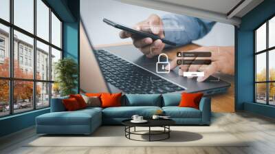 Concept of multi-factor authentication, cyber security in two-step verification, information security, encryption, secure access to user's personal information, secure Internet access, cybersecurity. Wall mural