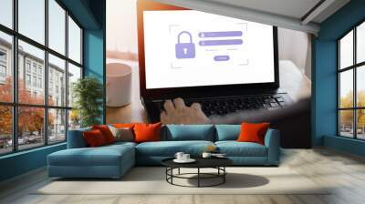 Cyber security concept, authentication screen on laptop computer, confidential business data, user typing login and password, data protection, encryption, secure access to user's personal information. Wall mural