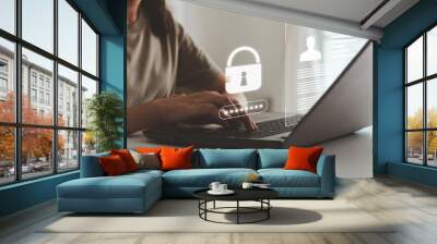 Cyber security protects login password and secure internet access. Businesswoman using laptop internet network for data protection, Significance of secure login, data protection in the digital world. Wall mural