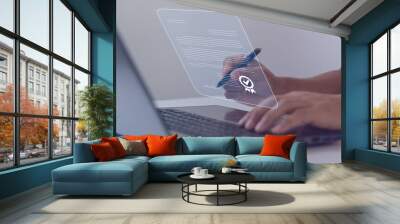 Electronic Signature Concept. Businessman working on a laptop computer and using a pen to sign electronic documents on digital documents on a virtual screen. E-document, online documentation database. Wall mural