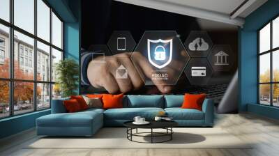 Fraud prevention button, concept about cybersecurity, credit card and identity protection against cyberattack and online thieves, phishing scam, mobile phone hacker, bank account threat and fraud. Wall mural