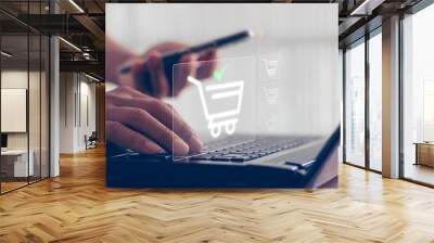 Online shopping concept. shopping order in online store, payment makes a purchase on the Internet, Online payment, Business financial technology. concept on virtual screen with hand typing on keyboard Wall mural