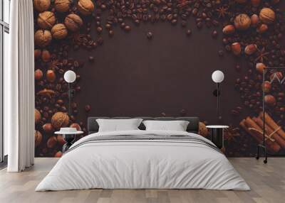 Brown background with walnuts, hazelnuts, anise, cinnamon and coffee beans Wall mural