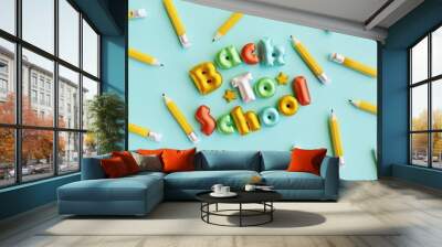 Colorful balloons with pencils. Back to school concept. 3d render Wall mural