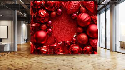 Red Christmas frame. Christmas balls, stars, cones and hearts on red sparkles background. Flat lay. Top view. Copy space Wall mural