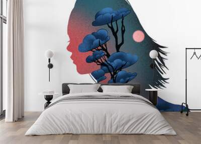 Vintage blue and pink silhouette of a woman with short hair, leaves, landscape with tree,  zen vibe, digital illustration, transparent background Wall mural