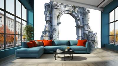 Ancient Roman Ruins with a Towering Arch and an Aqueduct Isolated on Transparent or White Background, PNG Wall mural