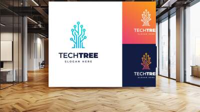 Tech tree wire chain circle connect circuit vector logo design, Modern green tech data system digital logo design Wall mural