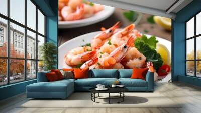 shrimps with lemon and salad Wall mural