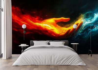 A hand emerges blending vibrant fire and cool water symbolizing balance and creativity Wall mural