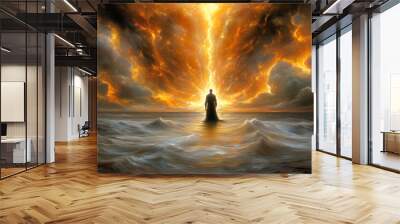 A lone figure stands on a rock in the ocean under a dramatic sky contemplating existence and the universe Wall mural