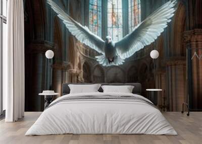 A white dove flies in the cathedral to symbolise the Holy Spirit and Pentecost. Generative AI Wall mural