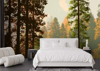 Forest. Carbon sink. Nature. Autumn. Conservation. Stylized illustration of a forest. Wall mural