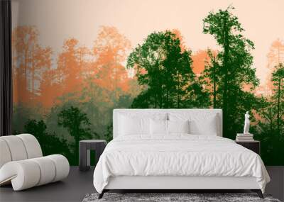 Forest. Carbon sink. The sky turns red. Stylized illustration of a forest. Copy Space. Background Wall mural