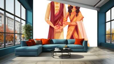 Bride and groom couple in traditional Indian dress, cartoon character, isolated on transparent, PNG background, Generative ai Wall mural