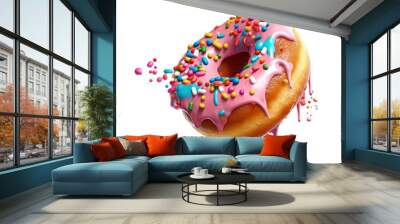 Decorated colorful delicious donut falling in motion isolated on transparent background, Generative ai Wall mural