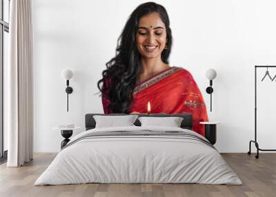 Happy diwali, Indian woman in traditional indian saree, holding a lit Diwali diya in her hands for indian festival diwali Wall mural