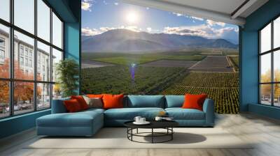 Aerial view of fields with mountains in the distance and sun rays coming through the clouds. Wall mural