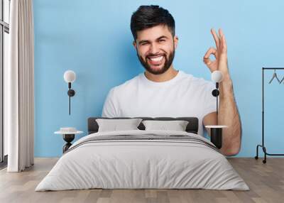 happy funny bearded man winking his eye and showing ok sign, isolated on blue background, everything is under control. joke , fun concept Wall mural