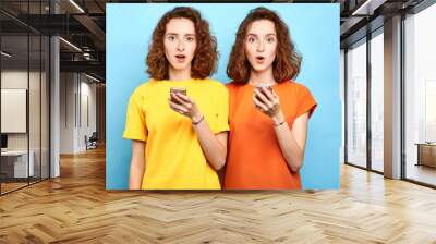 surprised emotional twins with wide open mouth and bugged eyes holding smart phones and looking at the camera. sale, business, free message, double discounts Wall mural