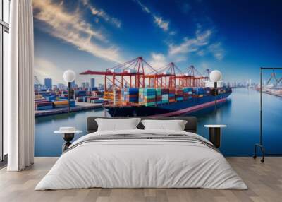 Global transport cargo and logistic business import and export, Container ship in seaport terminal, Container cargo vessel freight shipping commercial worldwide, Freight transportation, Generative AI  Wall mural