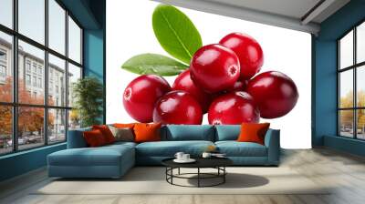 Fresh Cranberries with Leaves Isolated on Transparent or White Background, PNG Wall mural