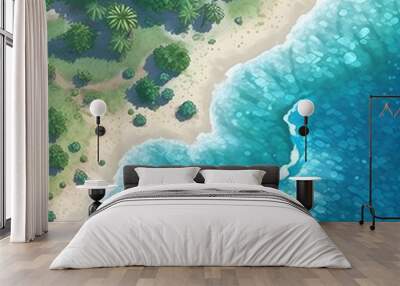 Ocean waves on the beach as a background. Beautiful natural summer vacation holidays background. Aerial top down view of beach and sea with blue water, pixel art, generative ai Wall mural