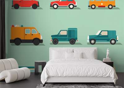 Flat cars set. Taxi and minivan, cabriolet and pickup. Bus and suv, truck. Urban, city cars and vehicles transport vector flat icons. Cabriolet and truck, car and bus, automobile pickup illustration Wall mural