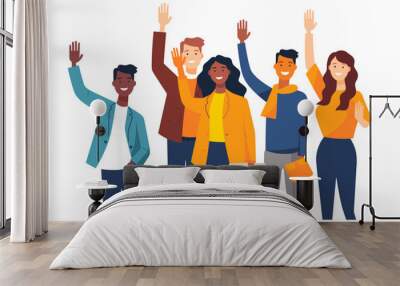 Group of happy people standing together, waving and inviting new customer, colleague. Concept of happy multiethnic team welcome newcomer. Flat vector cartoon illustration isolated on white Wall mural