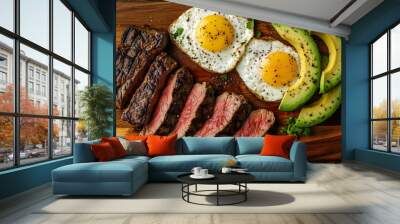 Ideal Carnivore Diet with beef red meat steak eggs and avocado on a wooden cutting board flaky salt and pepper Wall mural