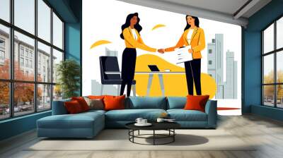 Meeting of businessmen and women. Vector cartoon illustration in a modern flat style of two business men, women in suits shaking hands in front of a contract Wall mural