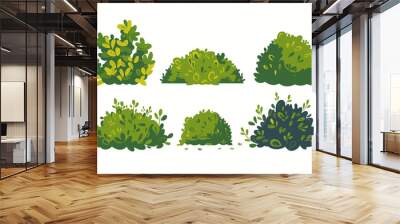 Set of vector bush illustrations on a white background. Green flat bushes on white background. Green grass vector set. Shrub bush shrubbery tree simple abstract. Eco element, foliage, stylized ecology Wall mural