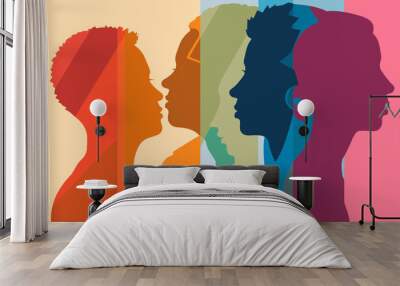 Silhouette profile group of men and women of diverse culture. Diversity multi-ethnic and multiracial people. Concept of racial equality and anti-racism. Multicultural society. Friendship Wall mural