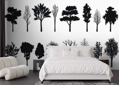 Silhouette tree set. Side view, set of graphic trees elements outline symbol for architecture and landscape design drawing. Vector illustration Wall mural