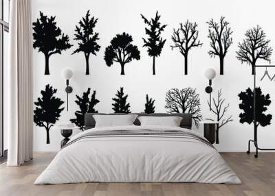 Silhouette tree set. Side view, set of graphic trees elements outline symbol for architecture and landscape design drawing. Vector illustration Wall mural