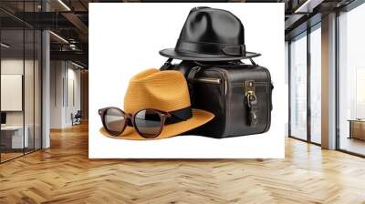 Modern suitcase with the the two hats and sunglasses, isolated on transparent background. Concept of travel, explore and outdoor. Wall mural