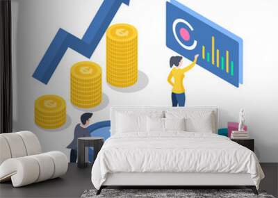 Accounting and audit isometric color vector illustration. Revenue increase. Economic growth. Workers developing business plan. Data analysis and statistics. 3d concept isolated on white background Wall mural