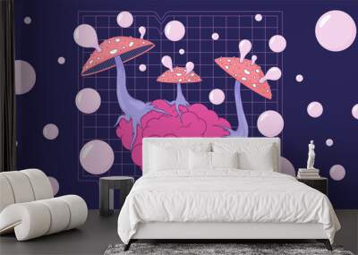 Blowing bubbles trippy mushrooms on brain lofi wallpaper. Fungus fly agaric affecting organ 2D scene cartoon flat illustration. Hallucinogenic chill vector art, lo fi aesthetic colorful background Wall mural