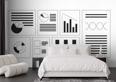 Business analysis reports black and white 2D line objects set. Graphs charts papers isolated vector outline items collection. Corporate growth. Data analytics monochromatic flat spot illustrations Wall mural