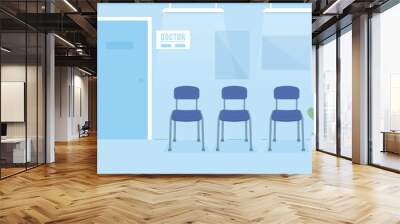 Chairs in doctor office reception room flat color vector illustration. Medical specialist appointment. Fully editable 2D simple cartoon interior with clinic on background. Bebas Neue font used Wall mural