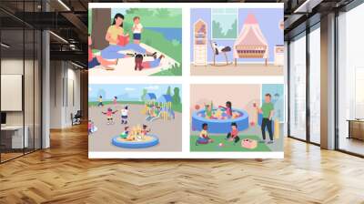 Childcare and daycare flat color vector illustration set. Reading book. Kindergarten children and teacher 2D cartoon characters with outdoor and indoor playzones on background collection Wall mural